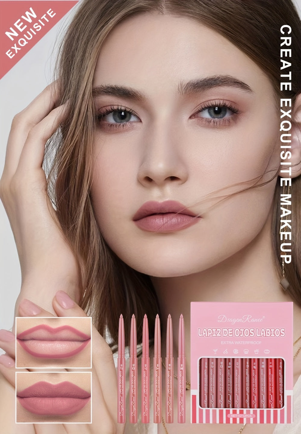 Long-Lasting Matte Velvet Lip Pencil - Waterproof Lip Liner Pencil for Women - Automatic Twist-Up Lip Contour in Rosewood Soft Pink Shade