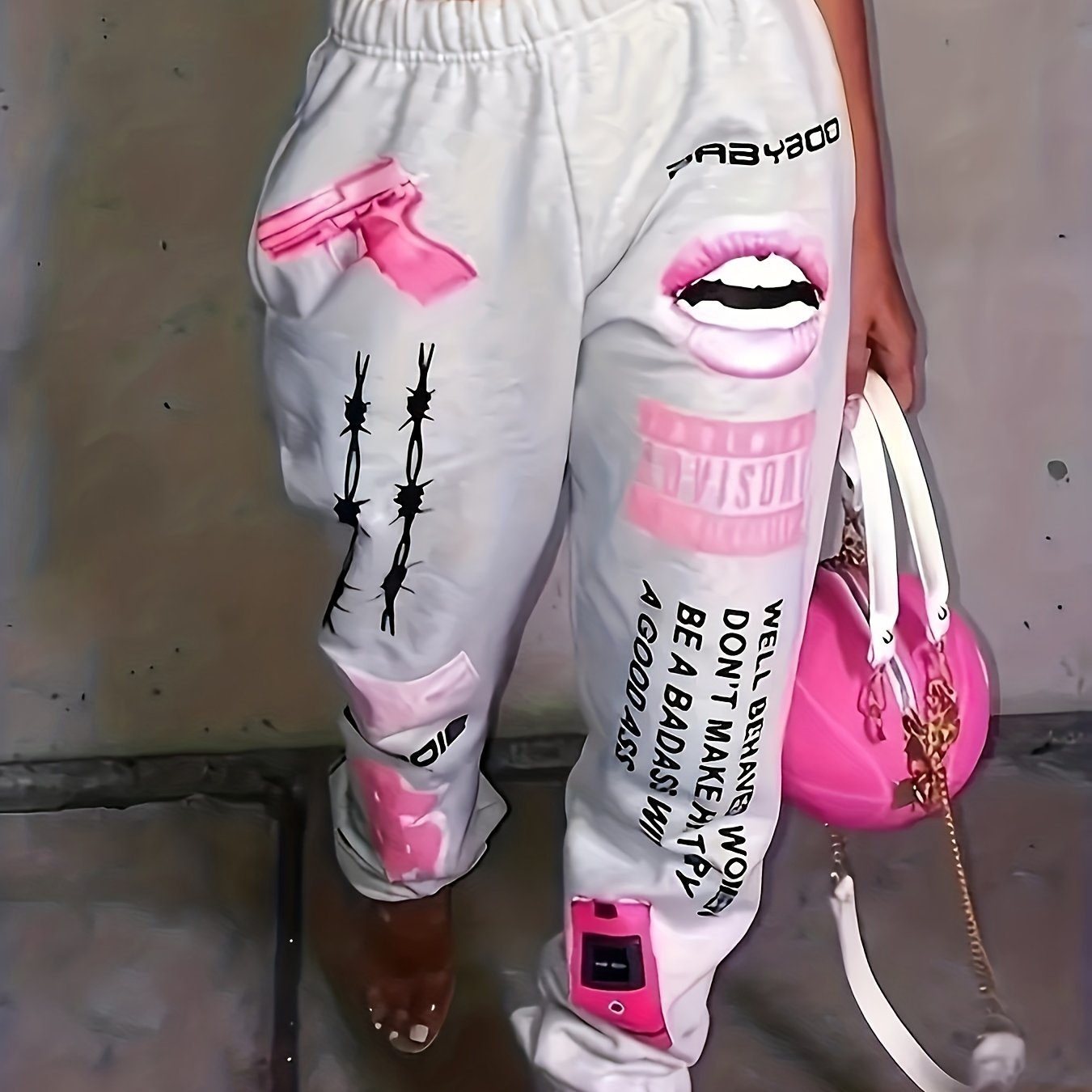 Womens Lip & Letter Print Sporty Jogging Pants - Loose Fit, Elastic Waist, Comfortable Activewear for Fashionable Fitness - Casual Stretchy Style for Everyday Wear