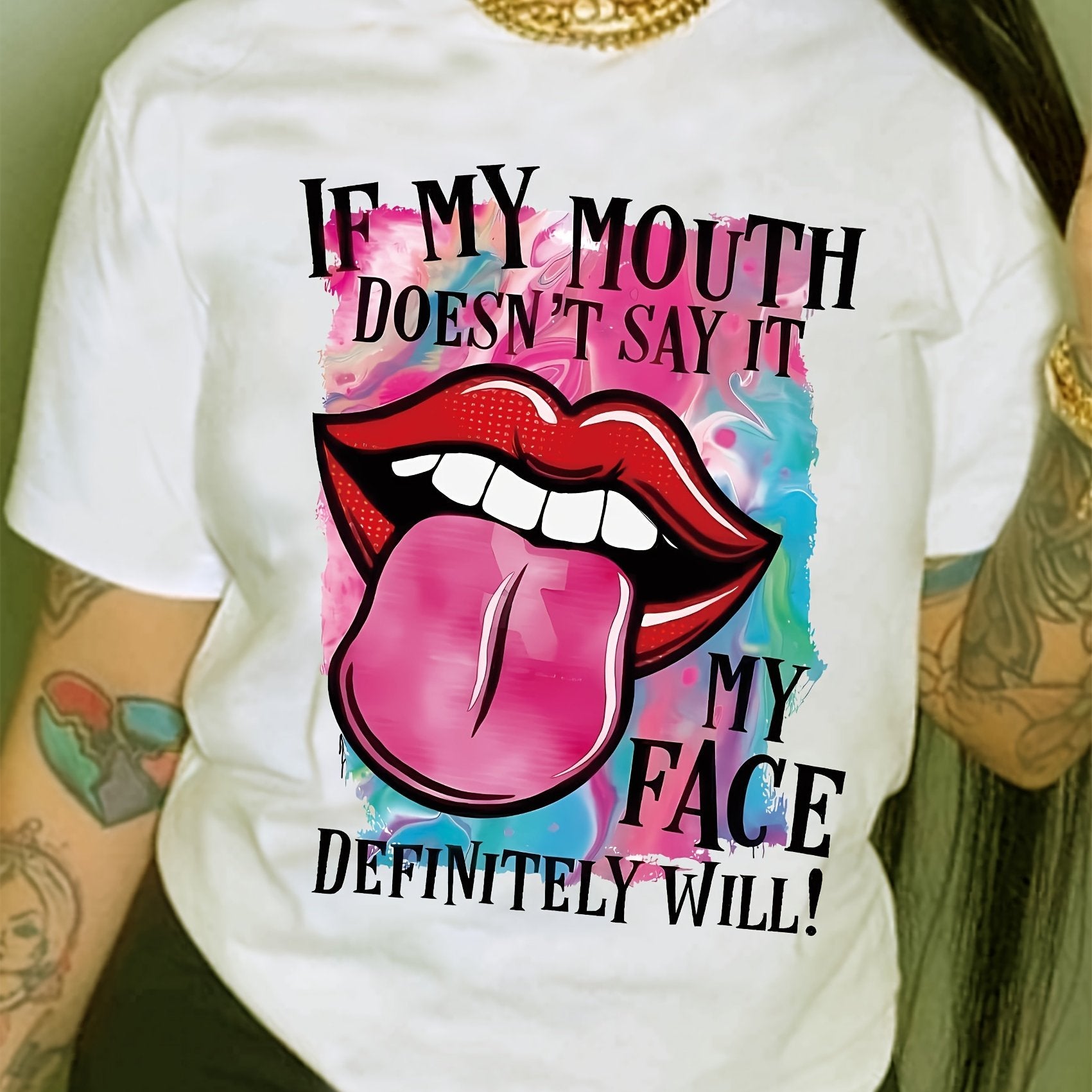 Lip & Letter Print T-shirt, Casual Short Sleeve Crew Neck T-shirt, Women's Clothing