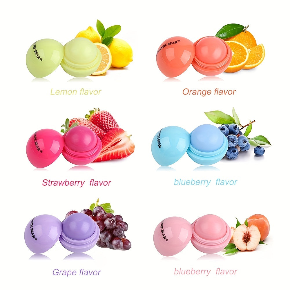 Spherical Lip Balm Ball - Glossy Tinted Lipstick-like Moisturizing Lip Gloss, Scent-Free Long-Lasting Hydration with Strawberry, Lemon, Grape, Blueberry & Orange Flavors (Pink, Green, Purple, Turquoise,) for Dry Lips