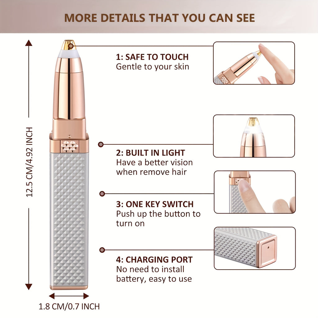 1pc FAMORIAL 2-in-1 Rechargeable 2-in-1 Eyebrow Trimmer & Facial Hair Shaver with Built-in LED Light - Painless Women' Razor for Face, Bikini, Upper Lip, Chin, Arms & Body Hair Removal - Portable Epilation Device Suitable for