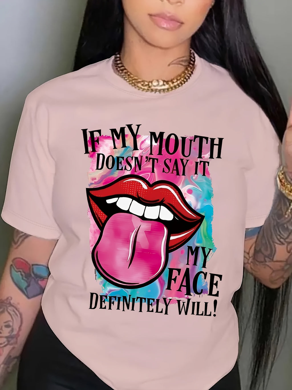 Lip & Letter Print T-shirt, Casual Short Sleeve Crew Neck T-shirt, Women's Clothing