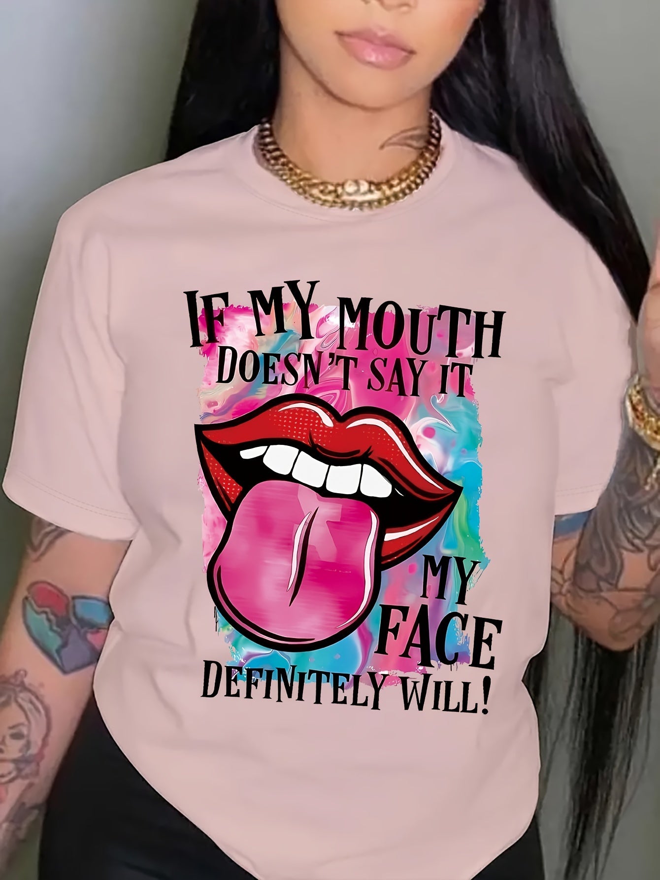 Lip & Letter Print T-shirt, Casual Short Sleeve Crew Neck T-shirt, Women's Clothing