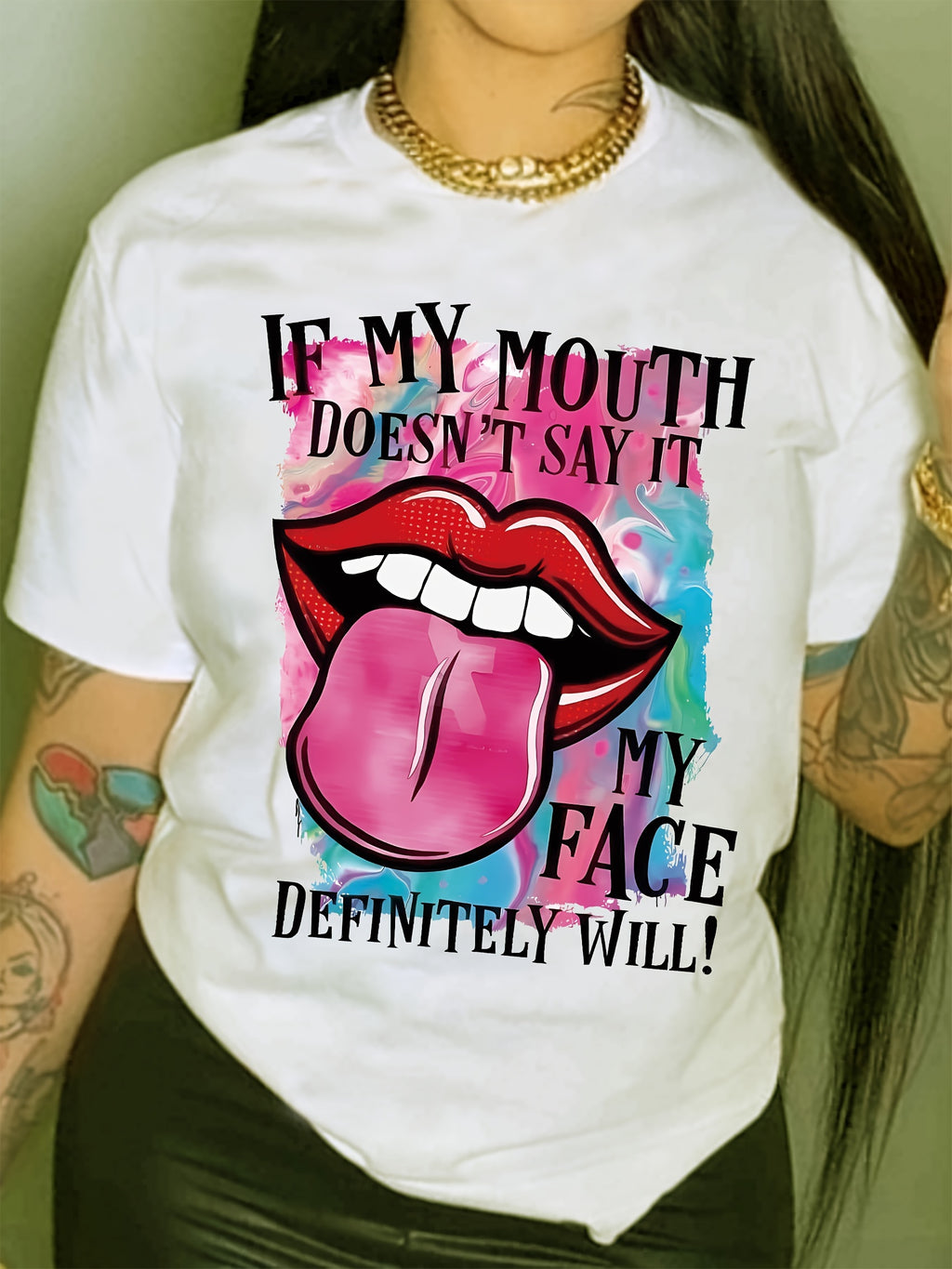 Lip & Letter Print T-shirt, Casual Short Sleeve Crew Neck T-shirt, Women's Clothing