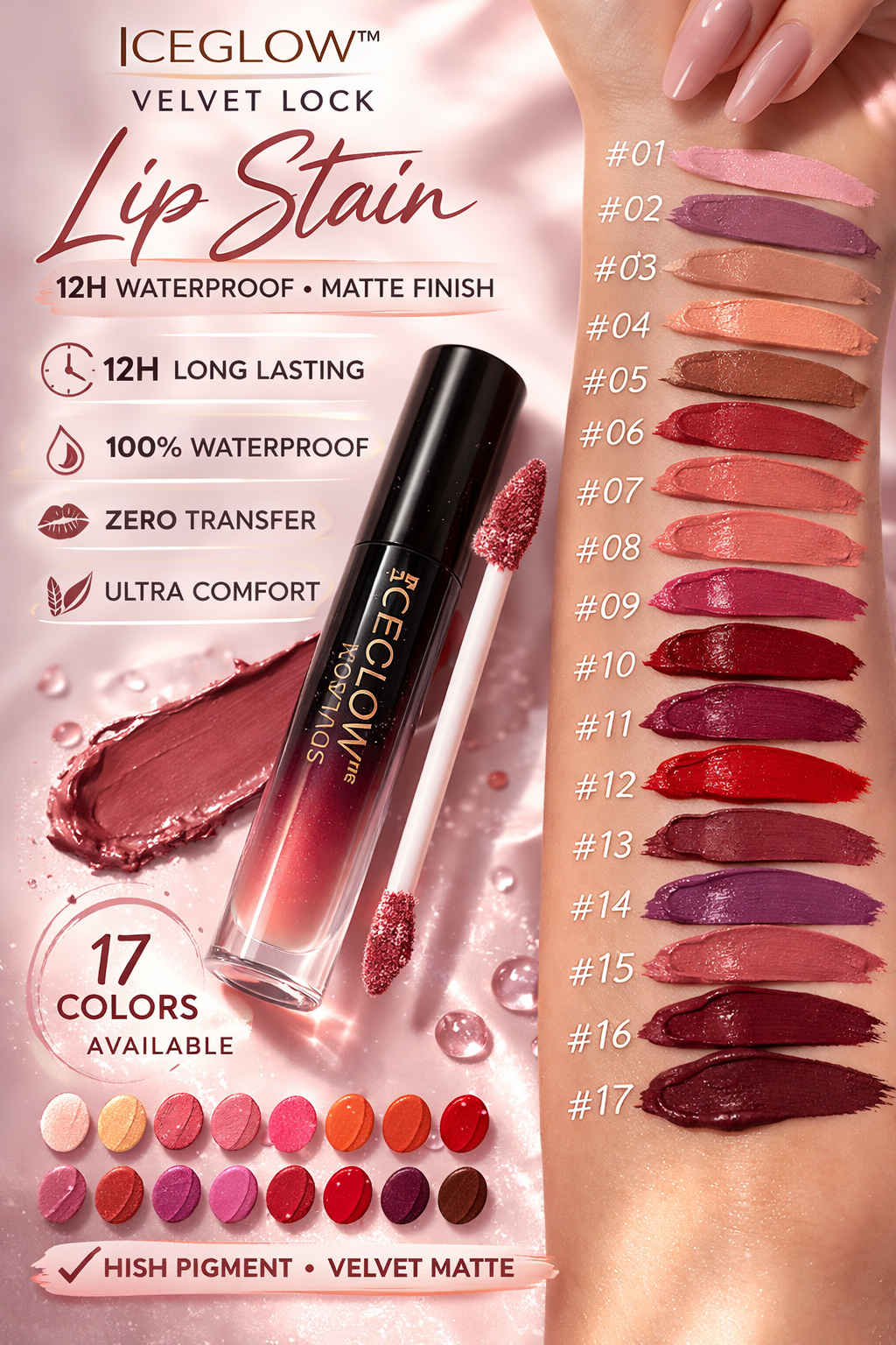 IceGlow™ Velvet Lock Lip Stain – 12H Waterproof Matte Finish