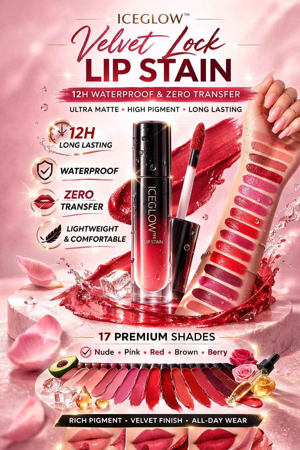 IceGlow™ Velvet Lock Lip Stain – 12H Waterproof Matte Finish